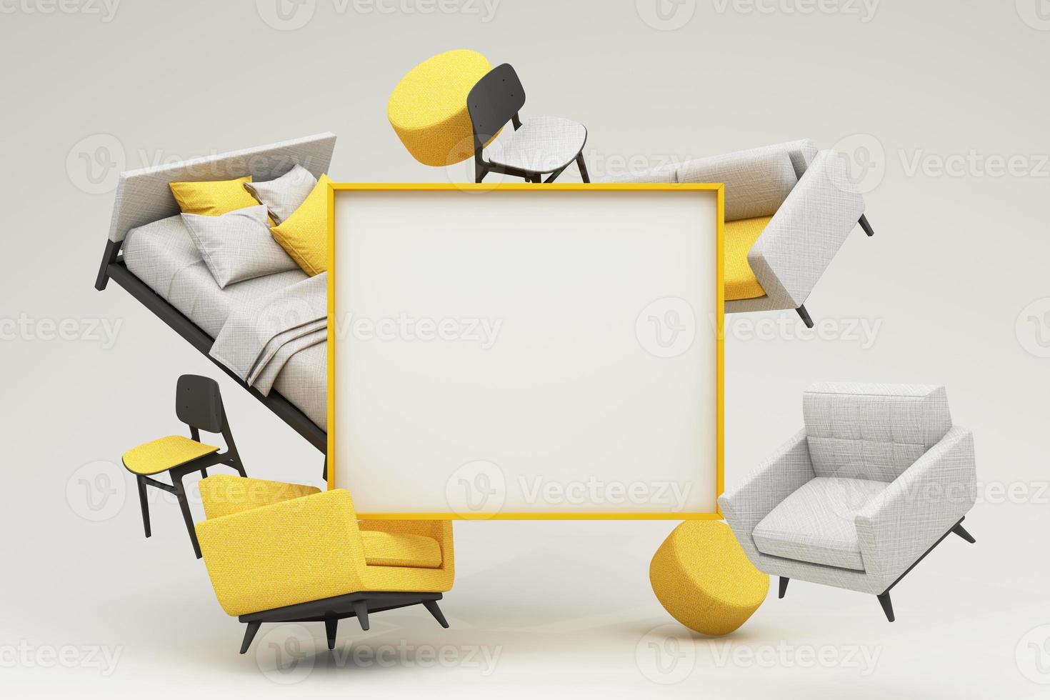 concepto de diseño de interiores venta de decoración y muebles para el hogar durante promociones y descuentos, está rodeado de camas, sofás, sillones y espacios publicitarios. fondo pastel renderizado 3d foto