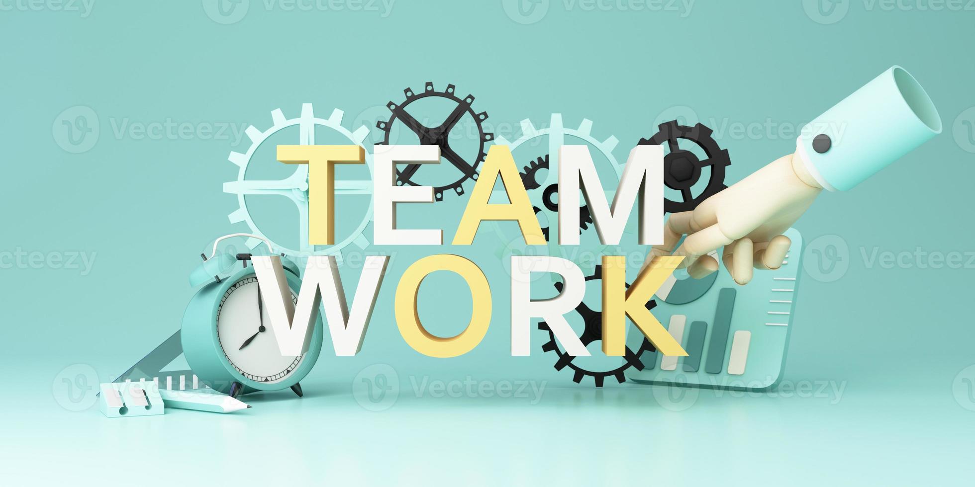 Business teamwork and organizational collaboration concepts to work together to solve problems with cogs gears. The jigsaw of teamwork and data analysis, on pastel color cartoon style. 3D rendering. photo