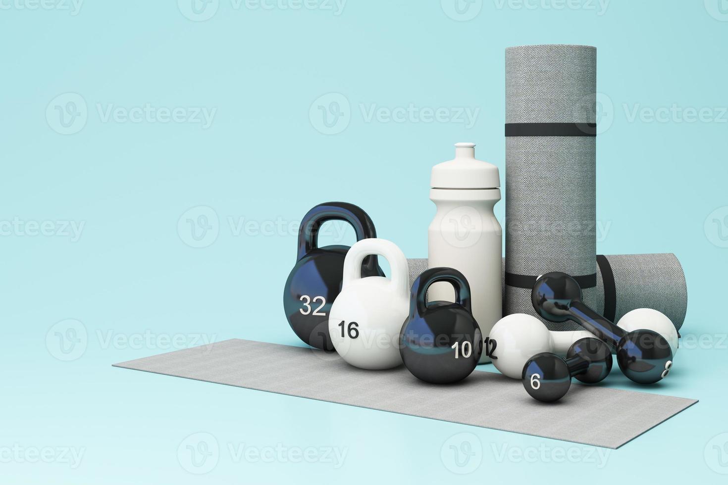 3D render illustration, sport fitness equipment, male and female concept, yoga mat, bottle of water, dumbbells, weights, with Fitness shoes and pulse watches isolate on pastel background. 3d render photo