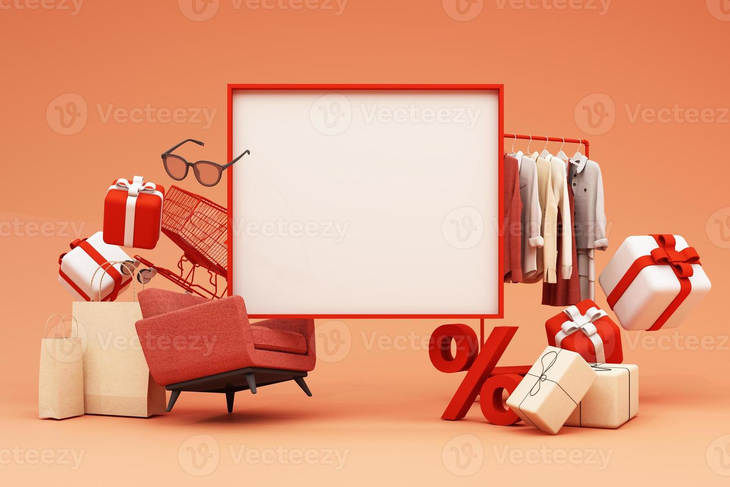 la ropa de moda durante las promociones y descuentos de compras en línea estará rodeada de camisas, zapatos, gafas de sol y cajas de regalo y paquetes con banner de espacio publicitario fondo pastel 3d renderizado foto