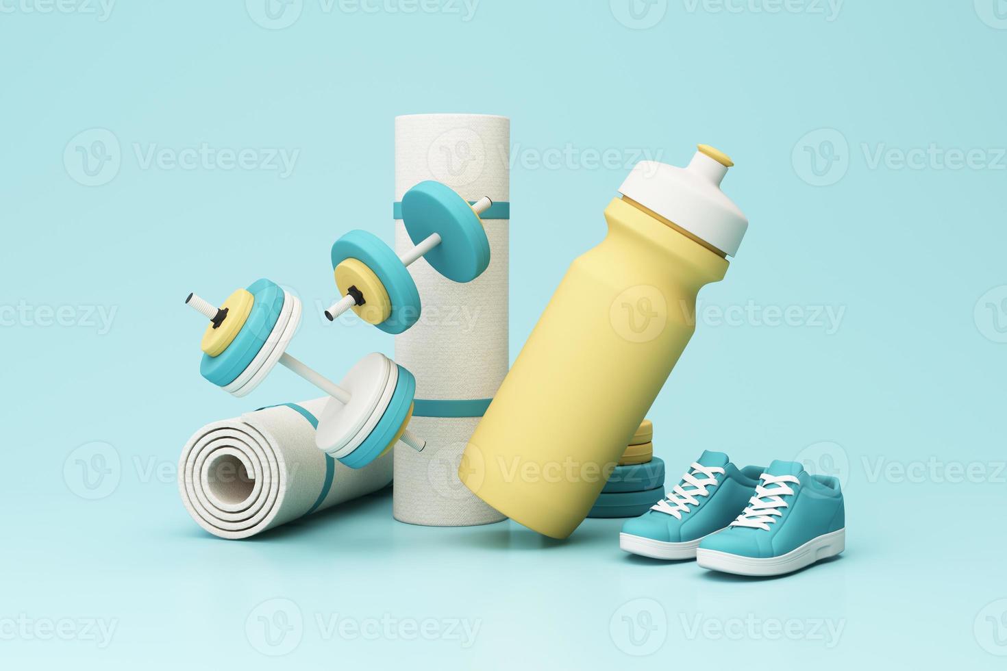 3D render illustration, sport fitness equipment, male and female concept, yoga mat, bottle of water, dumbbells, weights, with Fitness shoes and pulse watches isolate on pastel background. 3d render photo