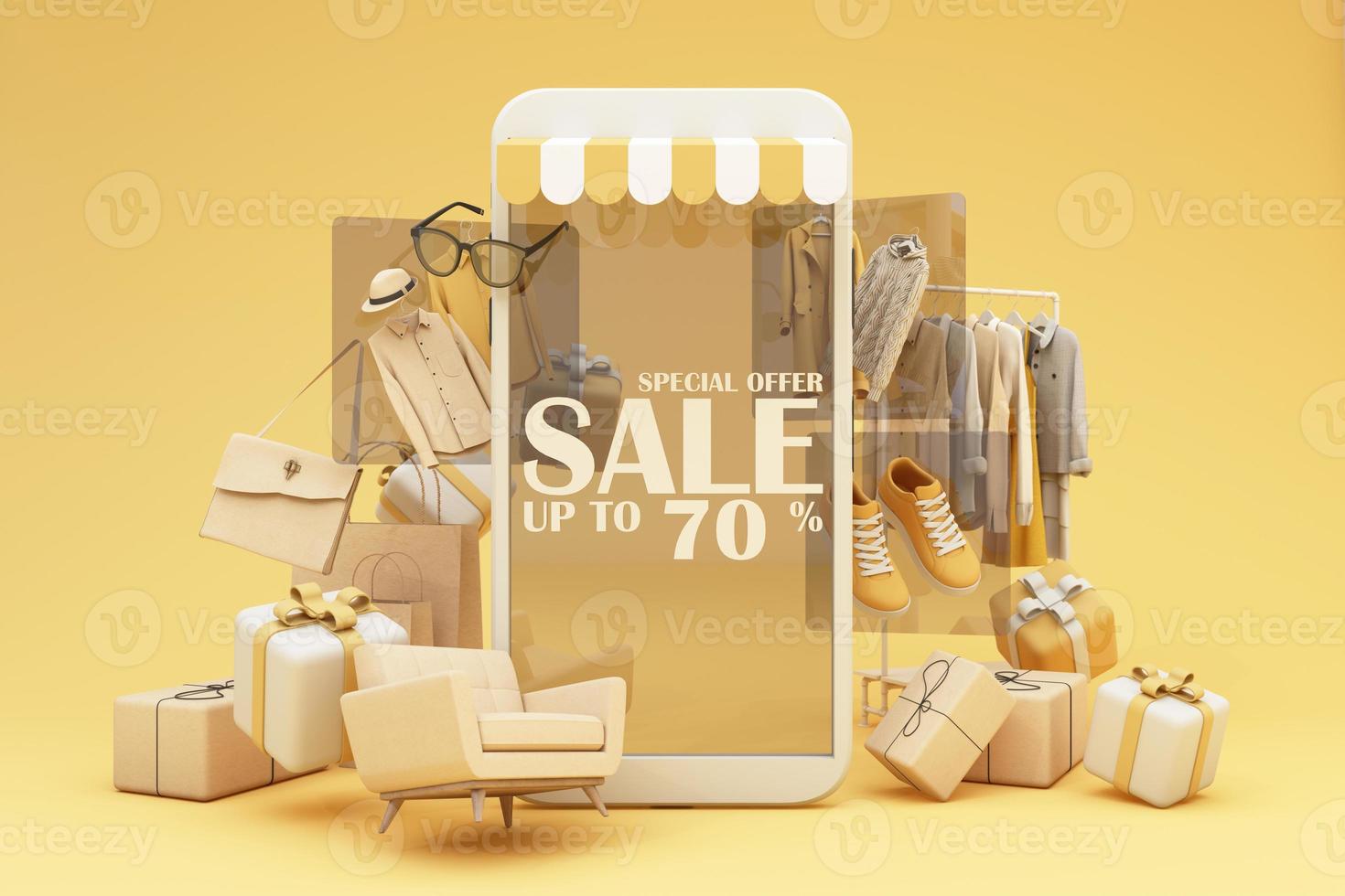 fashion clothes During online shopping promotions and discounts will be surrounded by shirts, shoes, sunglasses and gift boxes and packages with advertising space banner pastel background 3d rendering photo