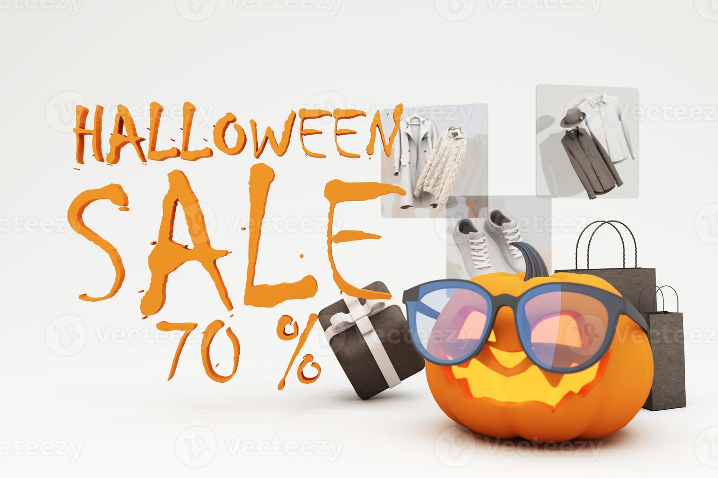 Halloween Sale Promotion Poster or banner with Halloween Pumpkin and fashion shopping clothes and gift box with Product podium scene.Website spooky,Background for banner Halloween template. 3d render photo