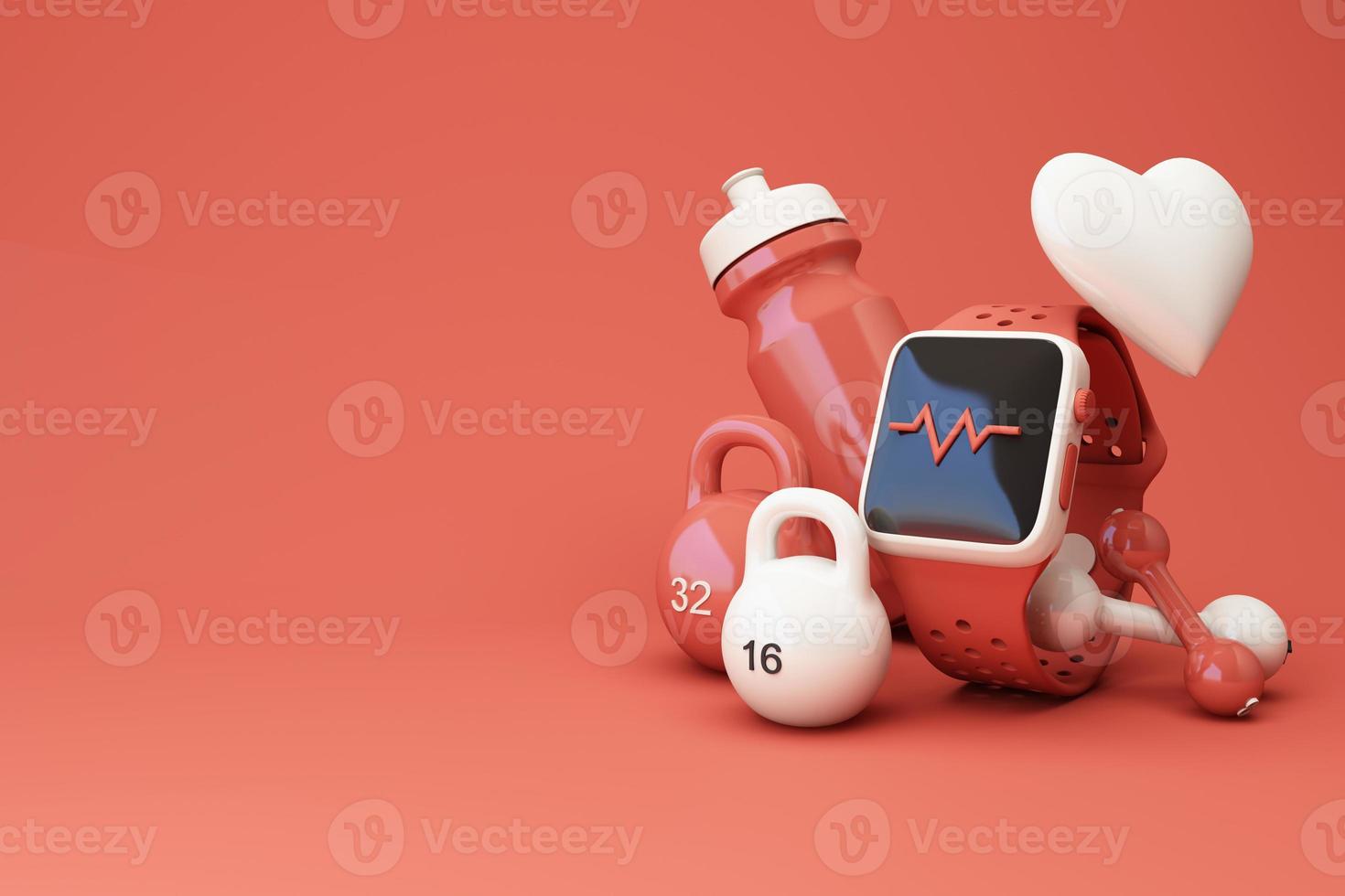 3D render illustration, sport fitness equipment, male and female concept, yoga mat, bottle of water, dumbbells, weights, with Fitness shoes and pulse watches isolate on pastel background. 3d render photo