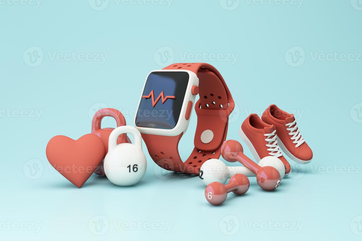 3D render illustration, sport fitness equipment, male and female concept, yoga mat, bottle of water, dumbbells, weights, with Fitness shoes and pulse watches isolate on pastel background. 3d render photo