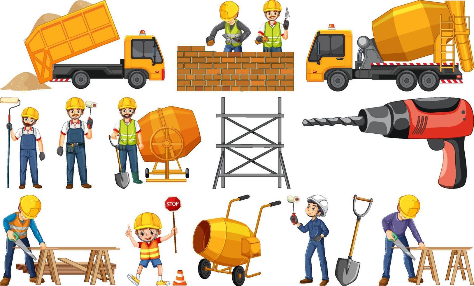 Set of construction site objects and workers vector
