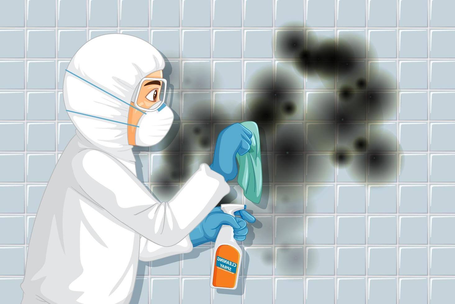 Man in protective hazmat suit cleaning mold on the wall vector