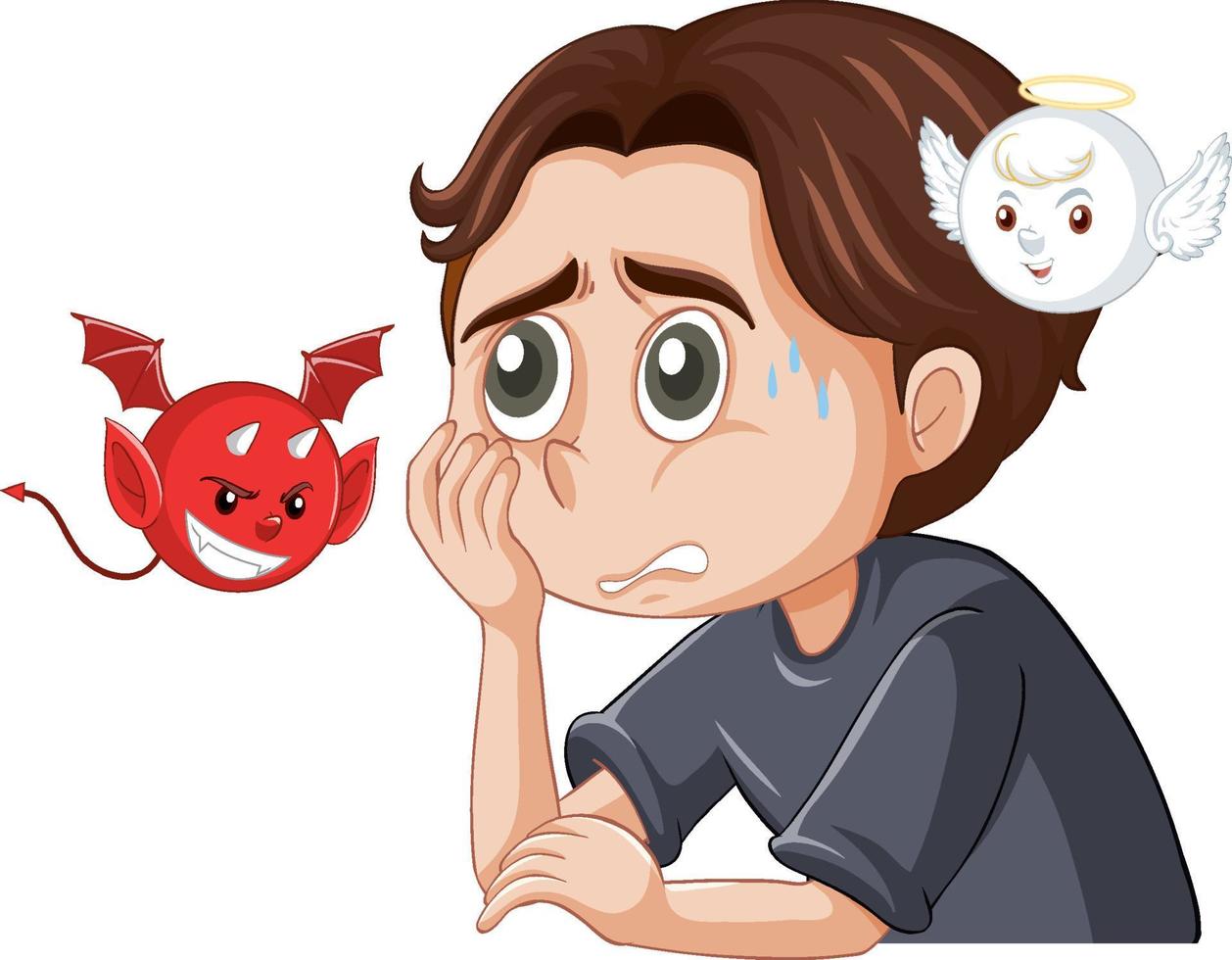 Cartoon character with devil and angel fighting in thought vector