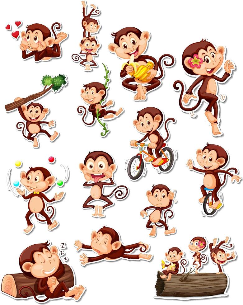 Sticker set of funny monkey cartoon characters vector