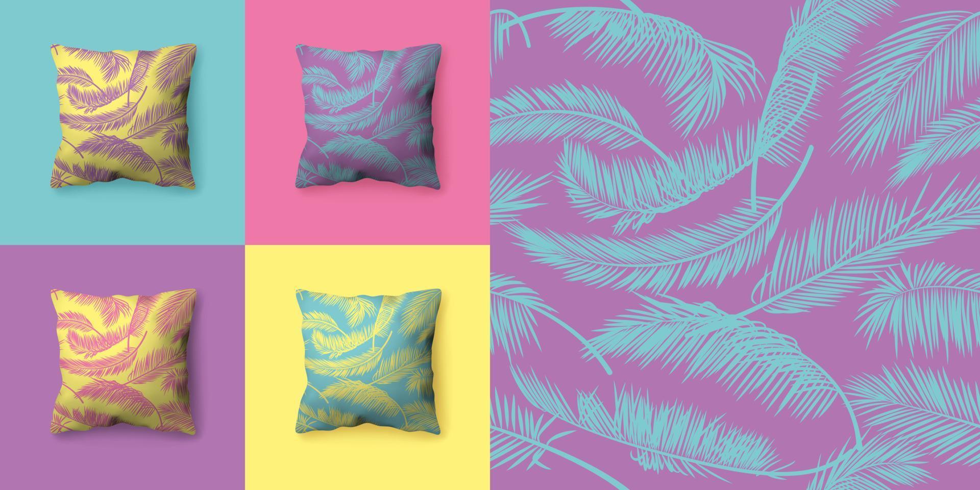 conjunto de patrones sin fisuras con hojas de palma en colores pastel. patrones vectoriales para papel tapiz, papel envolvente, textiles, telas, fondos. almohadas con patrones sin fisuras de ramas de palma. vector