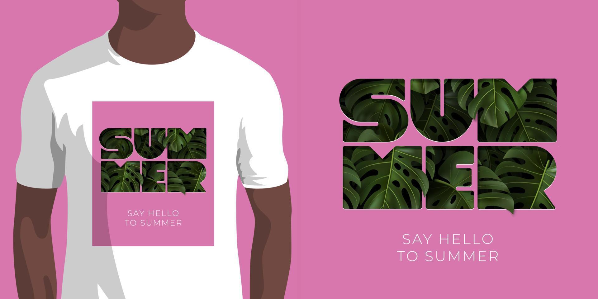 inscripción saluda al verano con hojas tropicales verdes monstera sobre fondo rosa. plantilla vectorial para ropa, prendas de vestir, diseño de impresión de pantalones. ilustración con tipografía extruida. vector