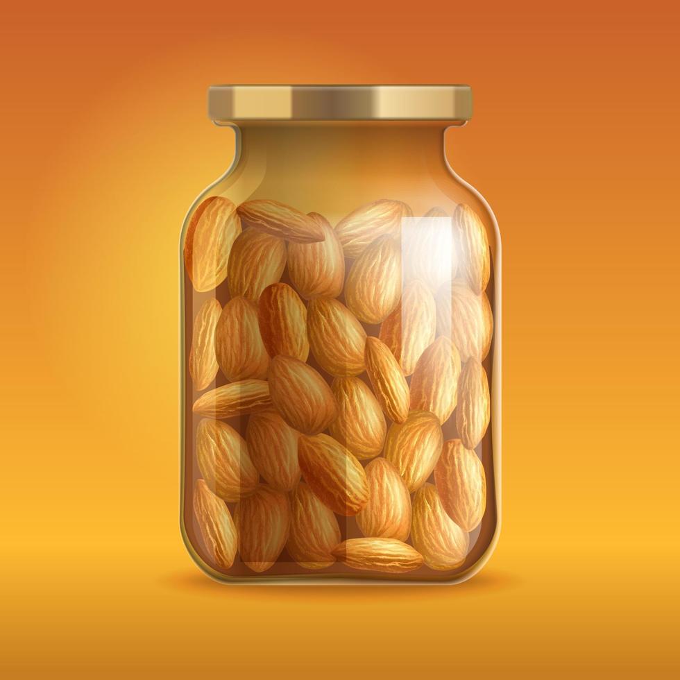 frasco cerrado de vidrio con primer plano de almendras. ilustración vectorial realista para diseño de embalaje, marca, etiqueta. eps10 vector