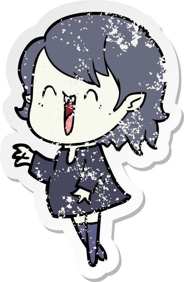 distressed sticker of a cute cartoon happy vampire girl vector