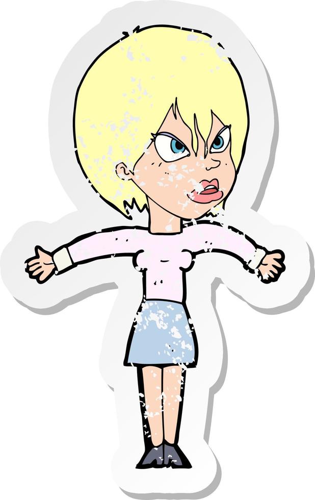 retro distressed sticker of a cartoon annoyed girl vector