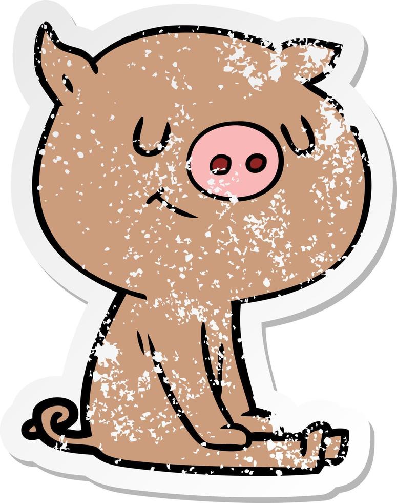 distressed sticker of a happy cartoon pig sitting vector