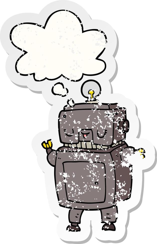 cartoon robot and thought bubble as a distressed worn sticker vector