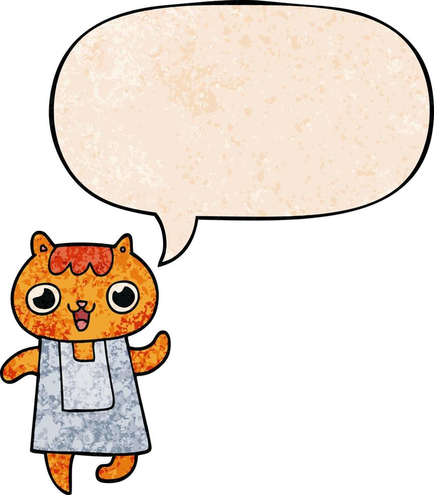 cartoon cat and speech bubble in retro texture style vector