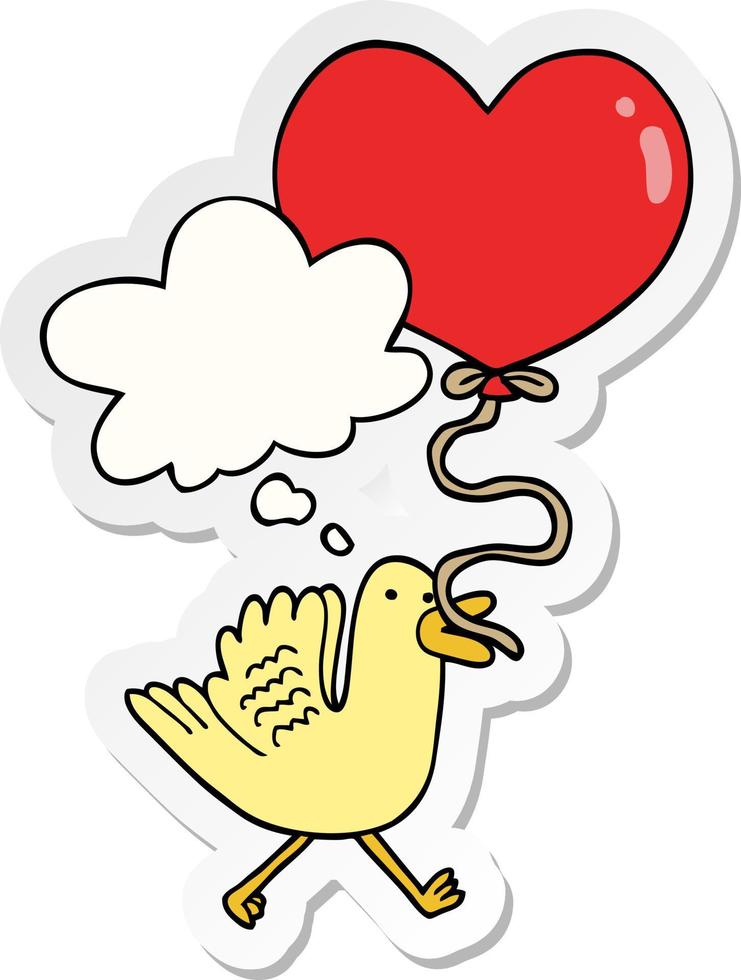 cartoon bird with heart balloon and thought bubble as a printed sticker vector