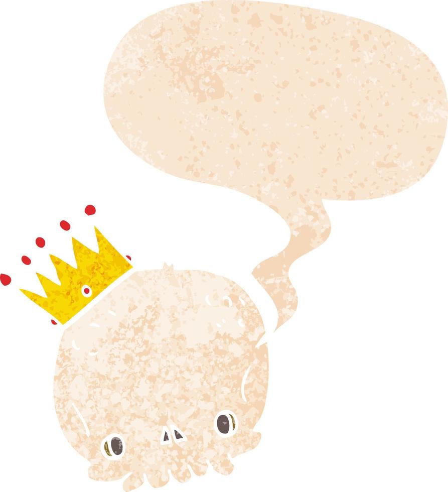 cartoon skull with crown and speech bubble in retro textured style vector