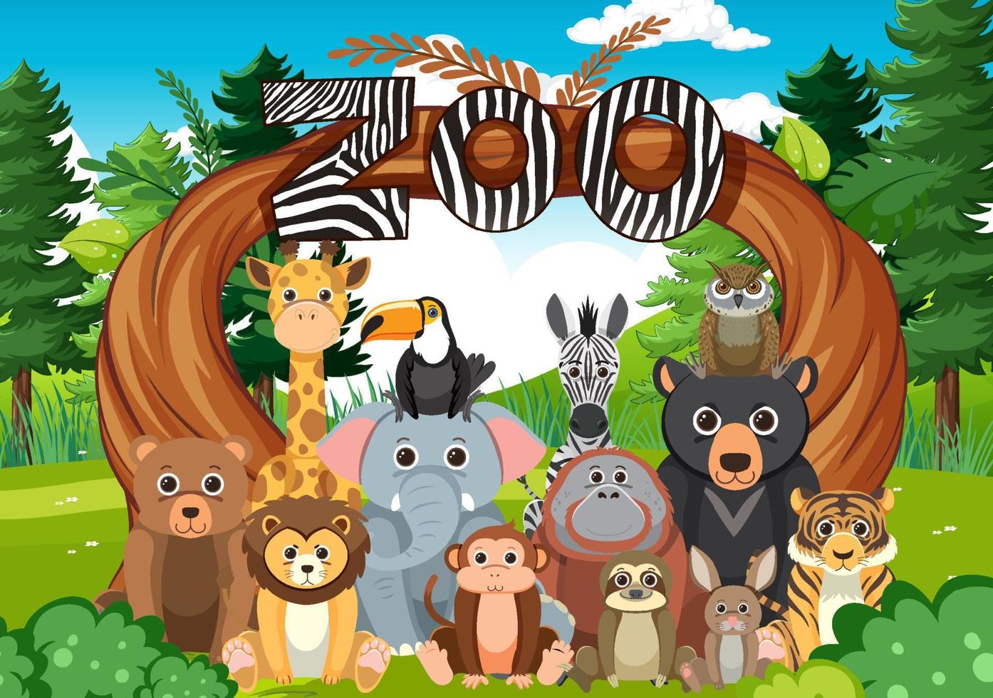 Zoo animals group in flat cartoon style vector