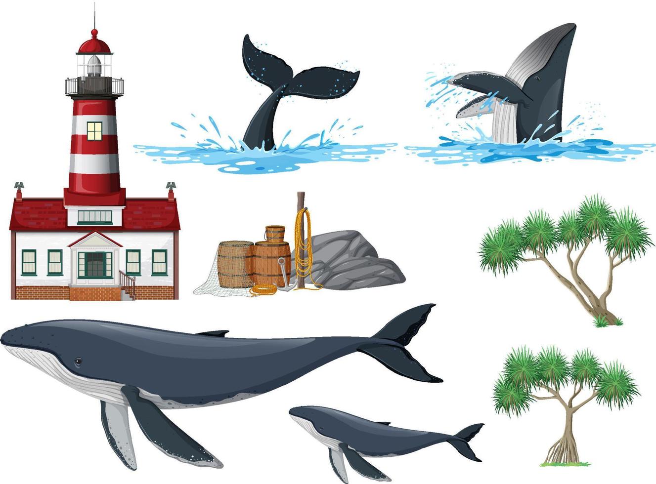 Set of beach coast objects and elements vector