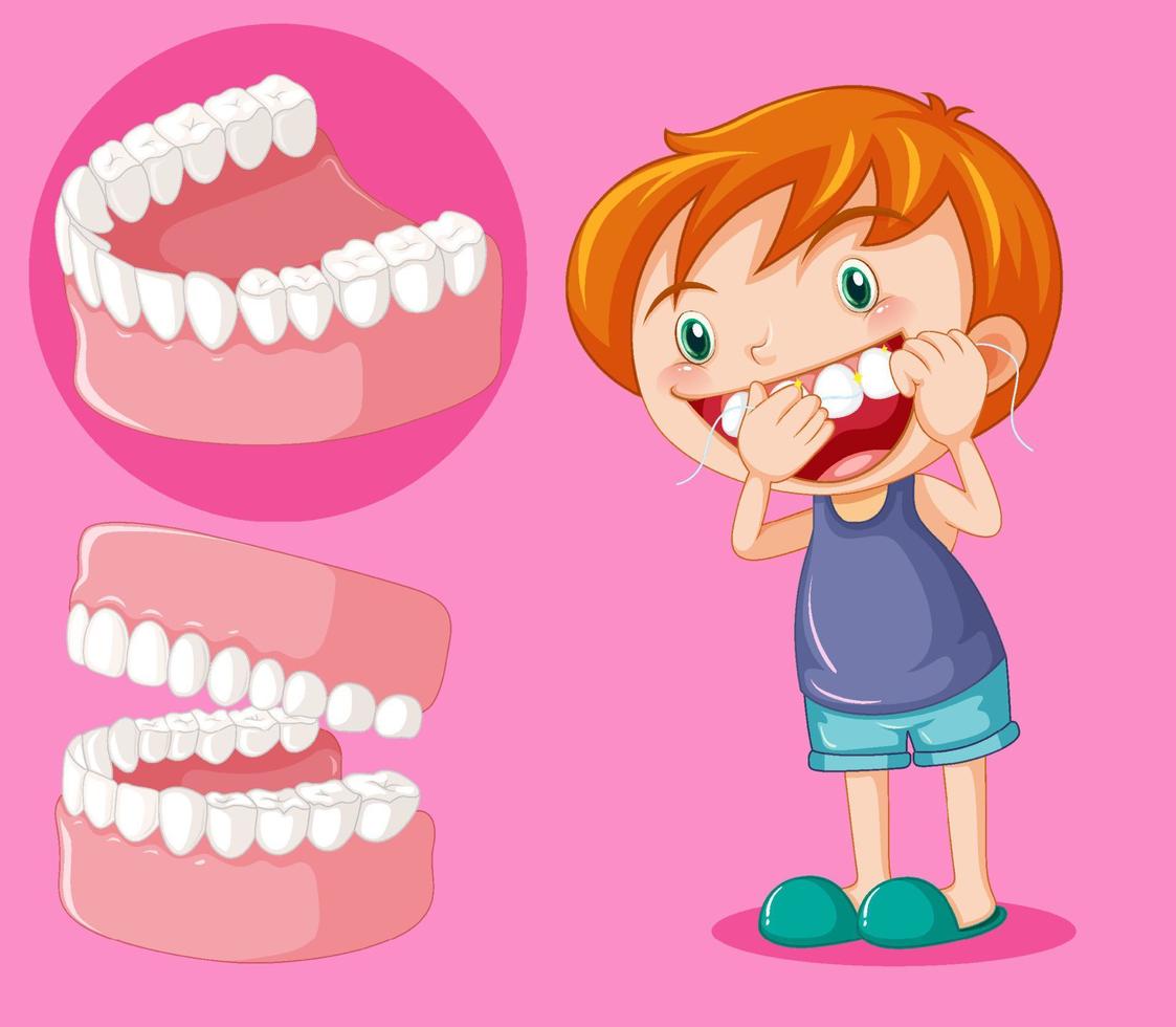 lindo niño personaje de dibujos animados usar hilo dental vector