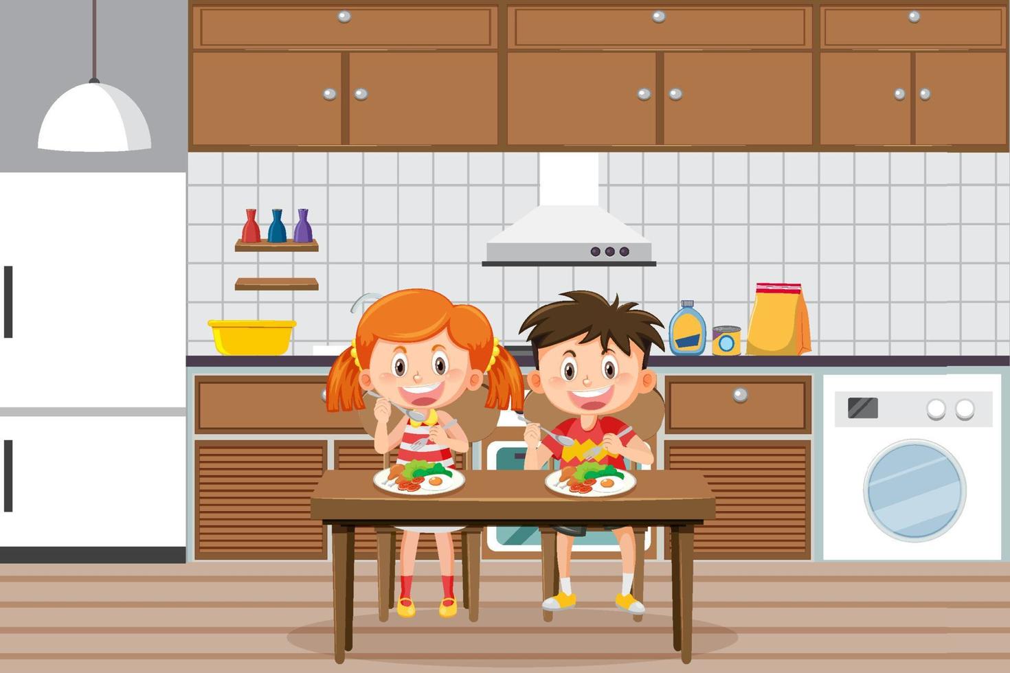 Children having meal in kitchen vector
