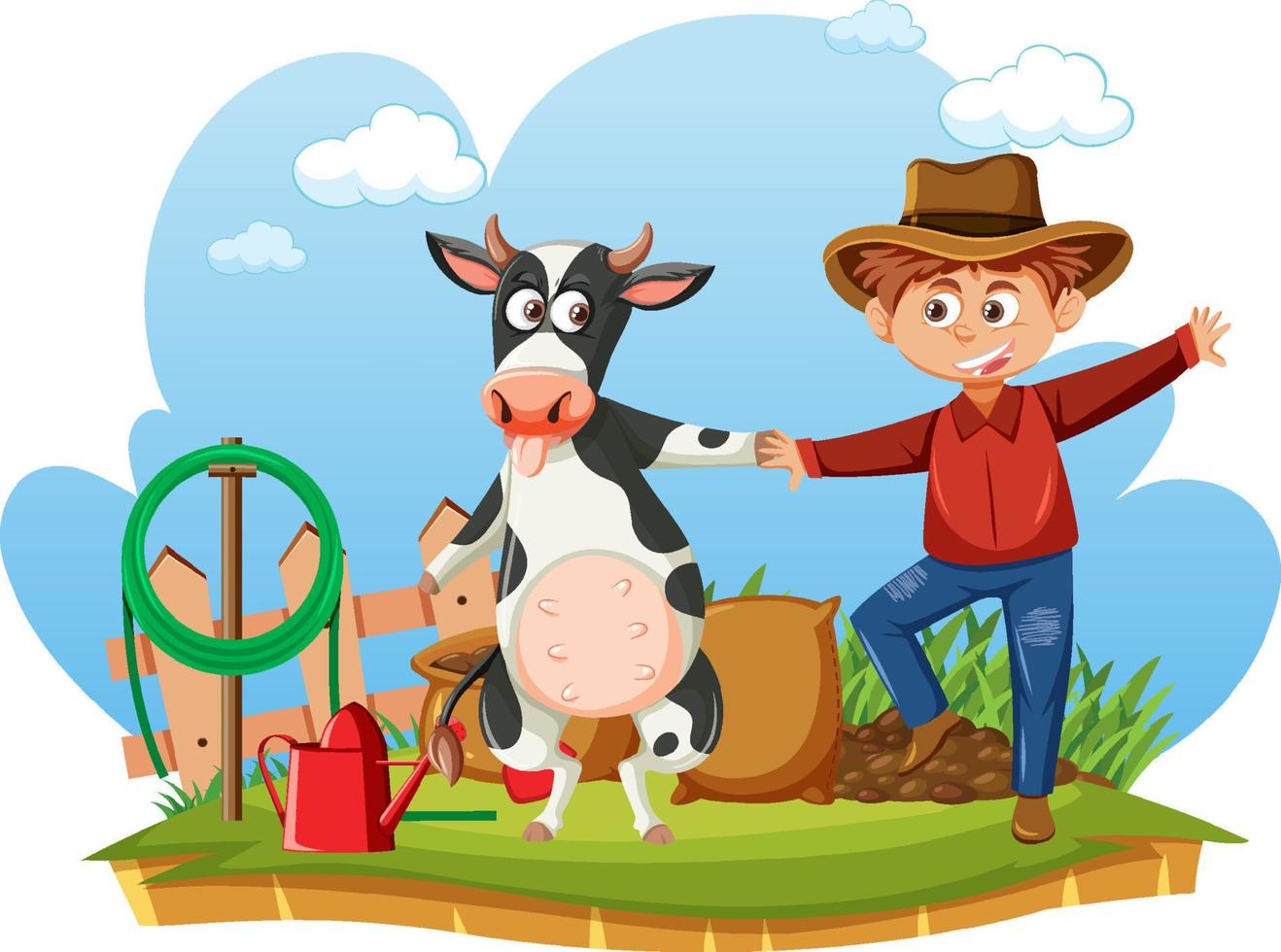 Happy farmer dancing with a cow vector