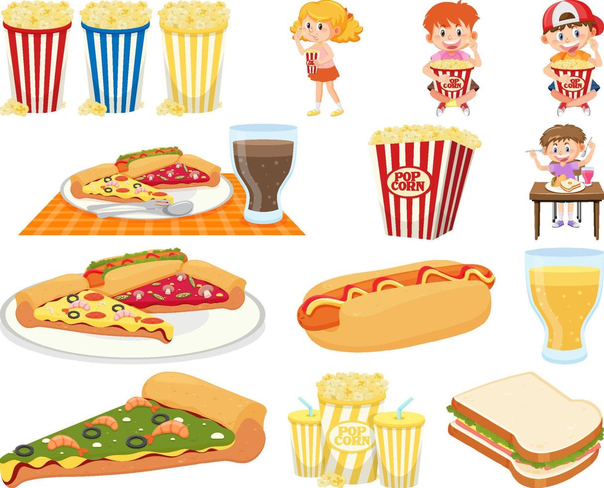 conjunto de diferentes comidas chatarra y niños vector