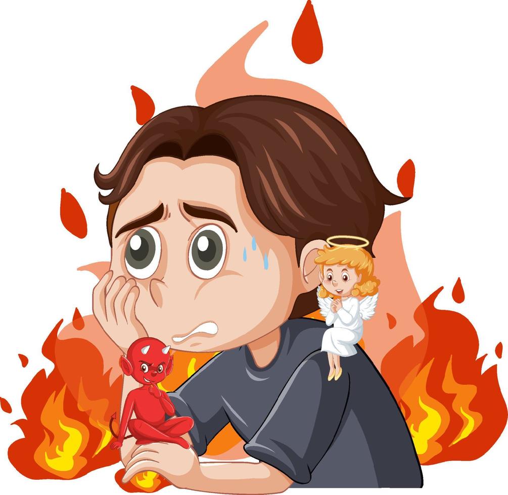 Cartoon character with devil and angel fighting in thought vector