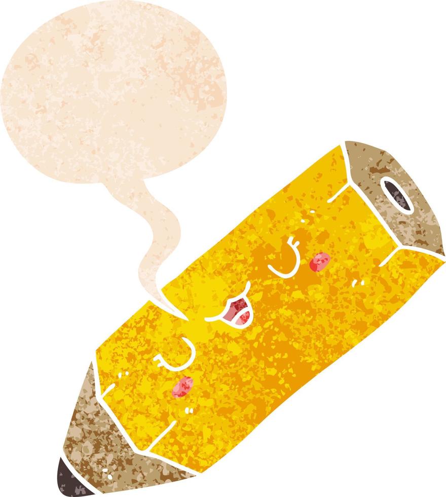 cute cartoon pencil and speech bubble in retro textured style vector