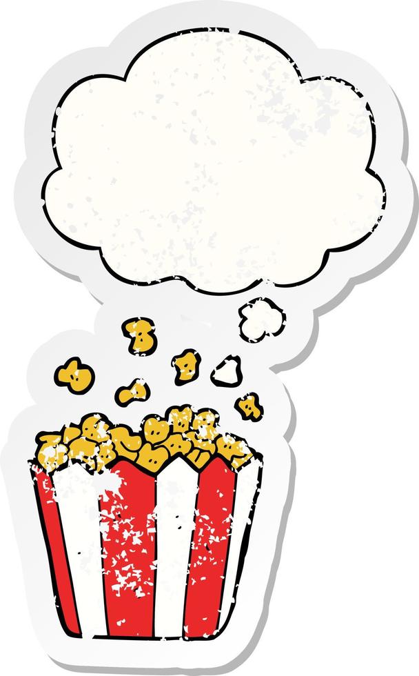 cartoon popcorn and thought bubble as a distressed worn sticker vector