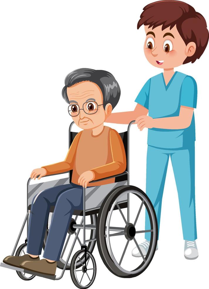 Caregiver with elderly man in wheelchair vector