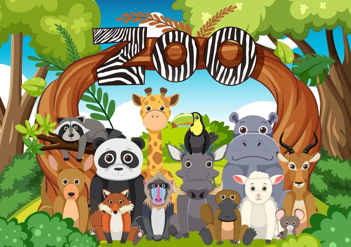 Zoo animals group in flat cartoon style vector