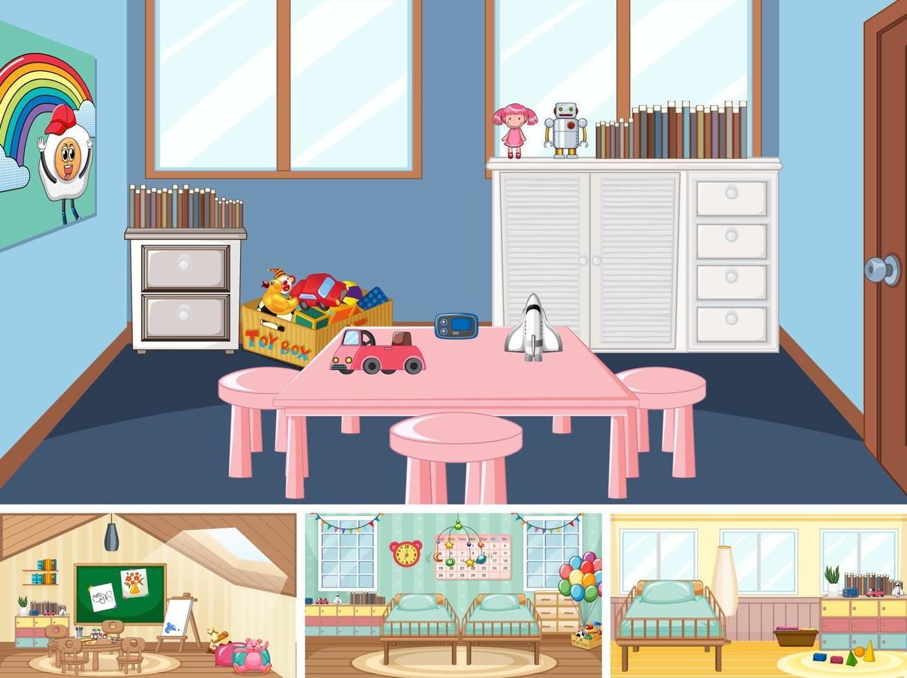 Set of different kindergarten classroom scenes vector