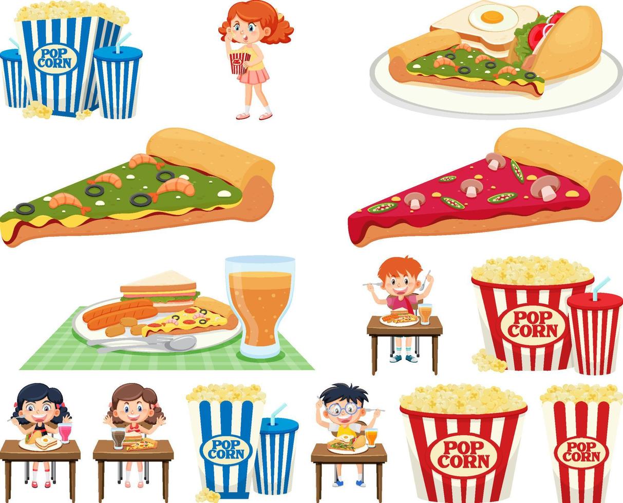 conjunto de diferentes comidas chatarra y niños vector