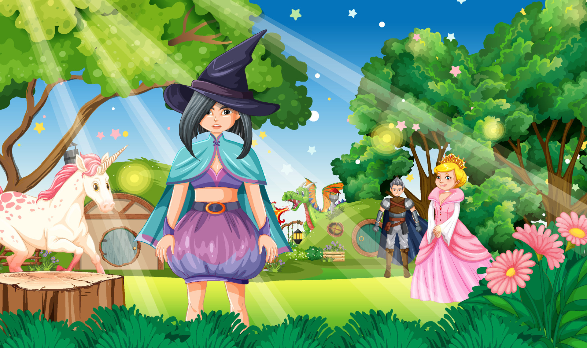 Enchanted scene with medieval cartoon characters 8684182 Vector Art at ...