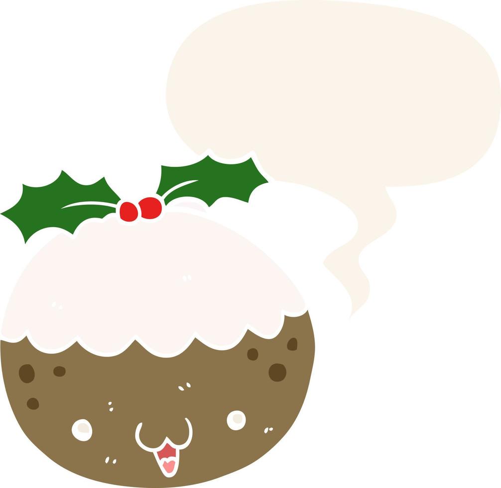 lindo pudín de navidad de dibujos animados y burbuja de habla en estilo retro vector