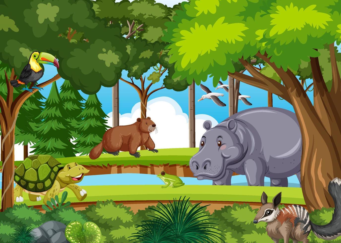 Forest scene with various wild animals vector