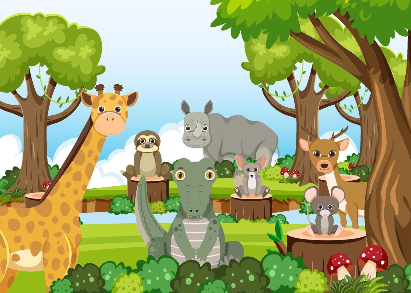 Cute wild animals in the forest vector