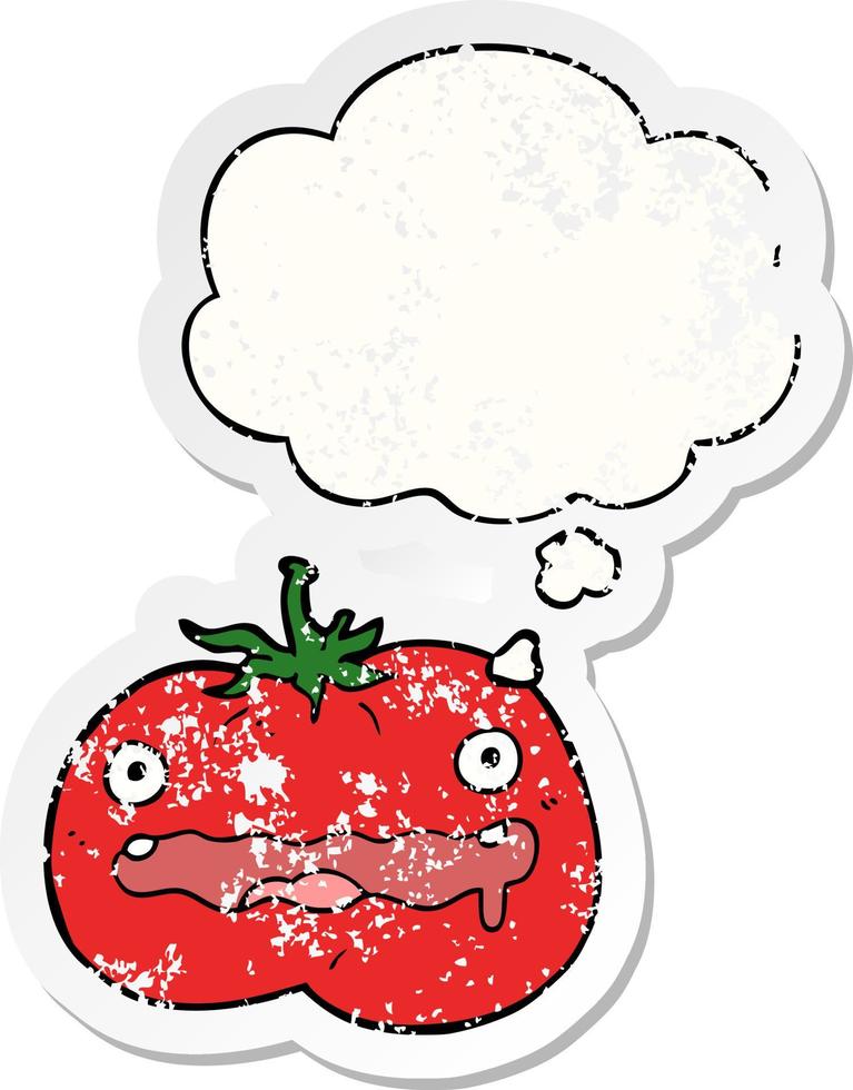 cartoon tomato and thought bubble as a distressed worn sticker vector