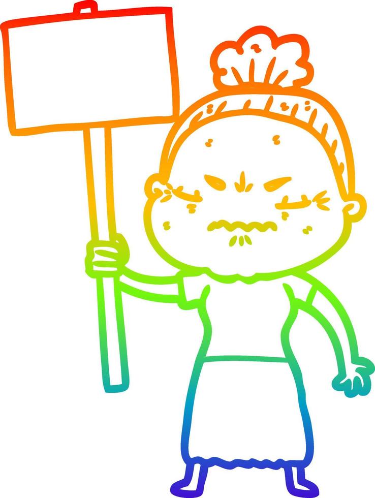 rainbow gradient line drawing cartoon annoyed old lady vector