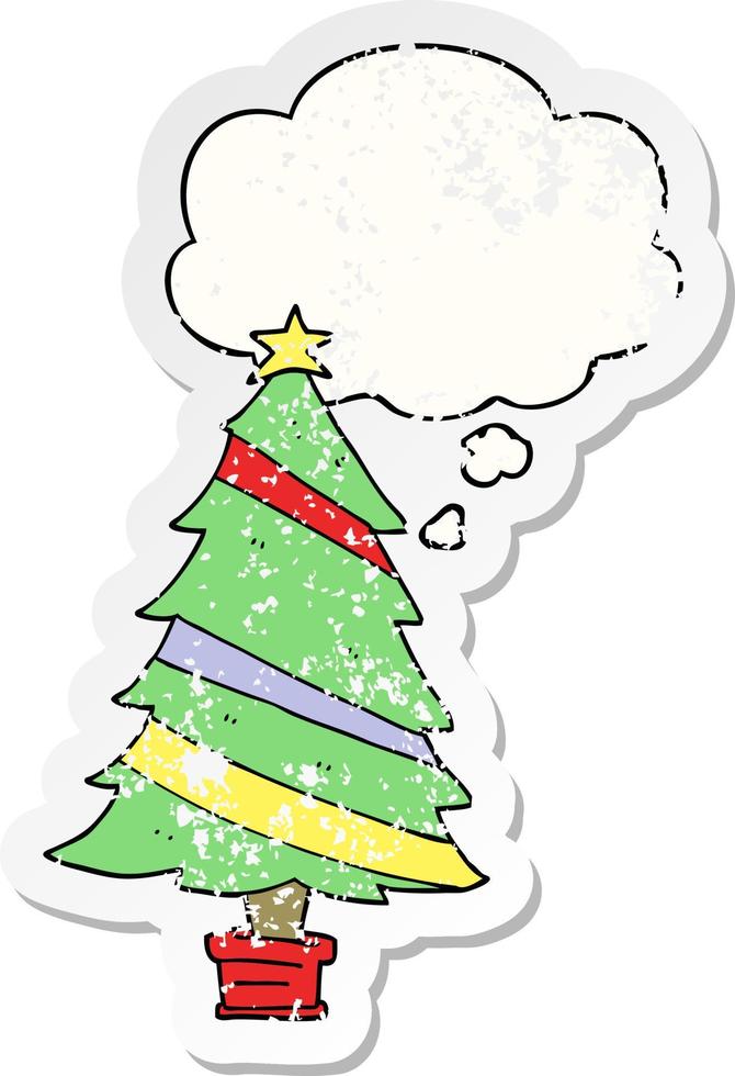 árbol de navidad de dibujos animados y burbuja de pensamiento como una pegatina gastada angustiada vector