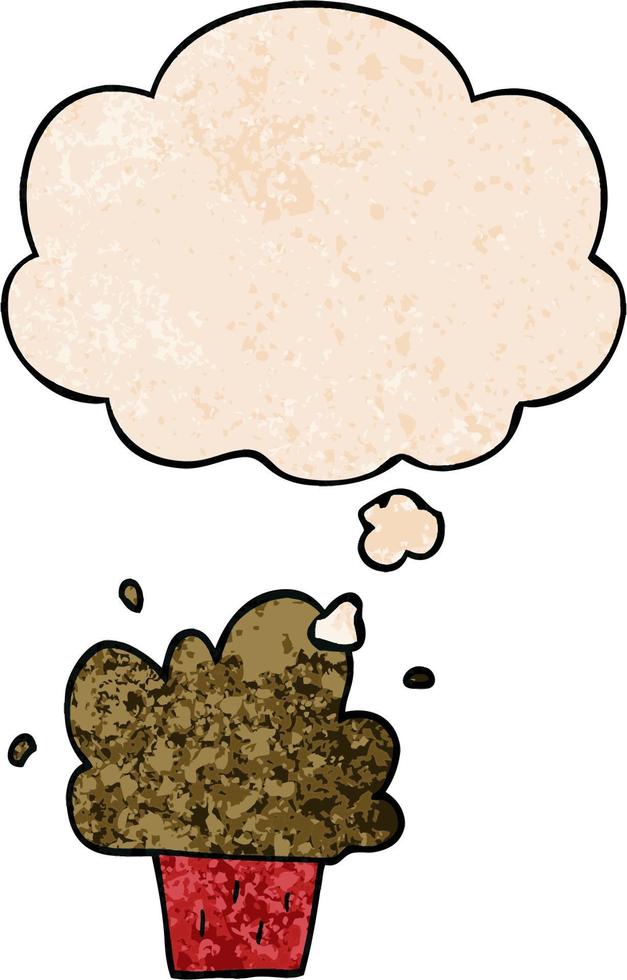 cartoon cupcake and thought bubble in grunge texture pattern style vector