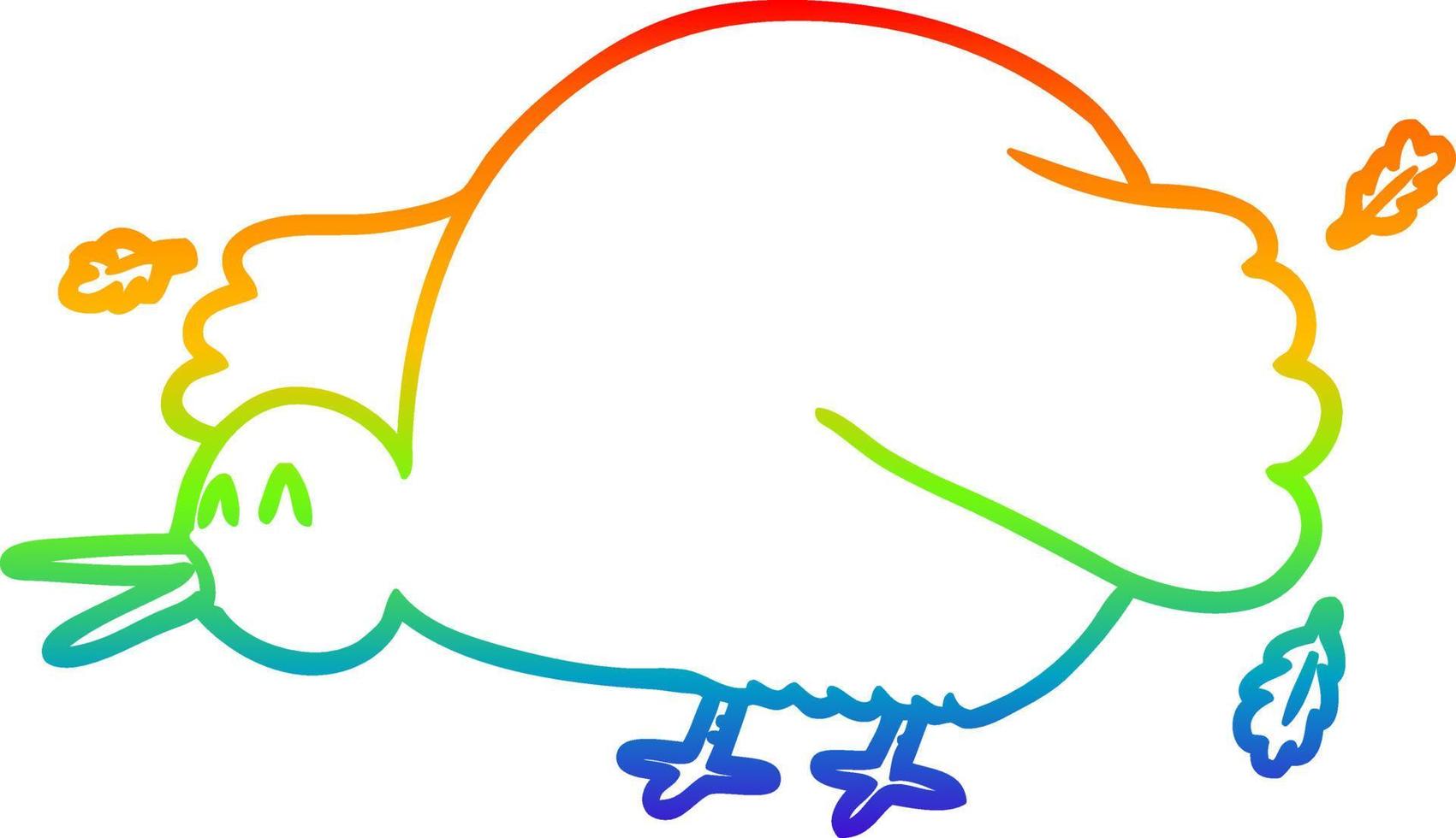 dibujo de línea de gradiente de arco iris pájaro kiwi de dibujos animados aleteo de alas vector
