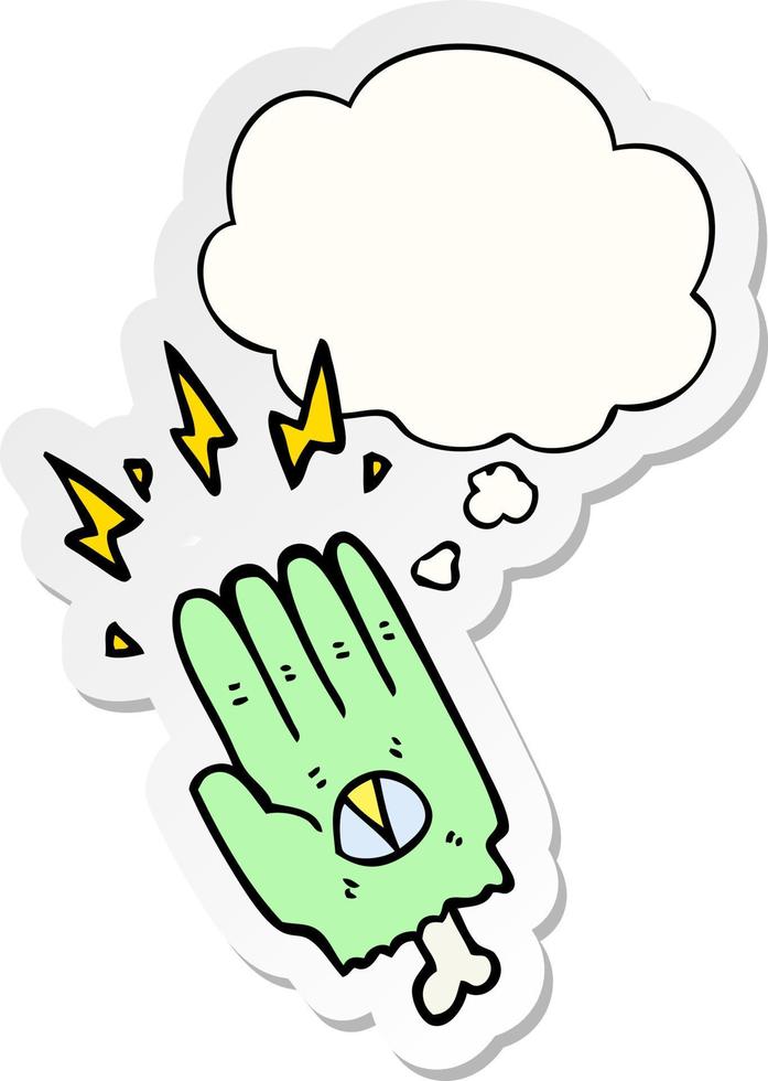 spooky halloween zombie hand and thought bubble as a printed sticker vector