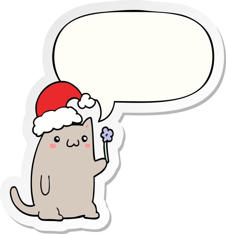 cute cartoon christmas cat and speech bubble sticker vector