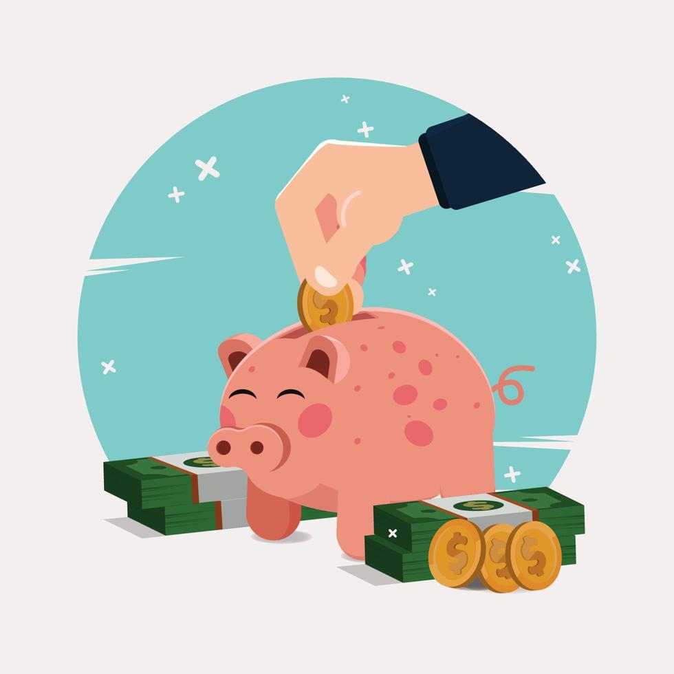 mano poniendo moneda en la alcancía diseño ilustración vectorial vector