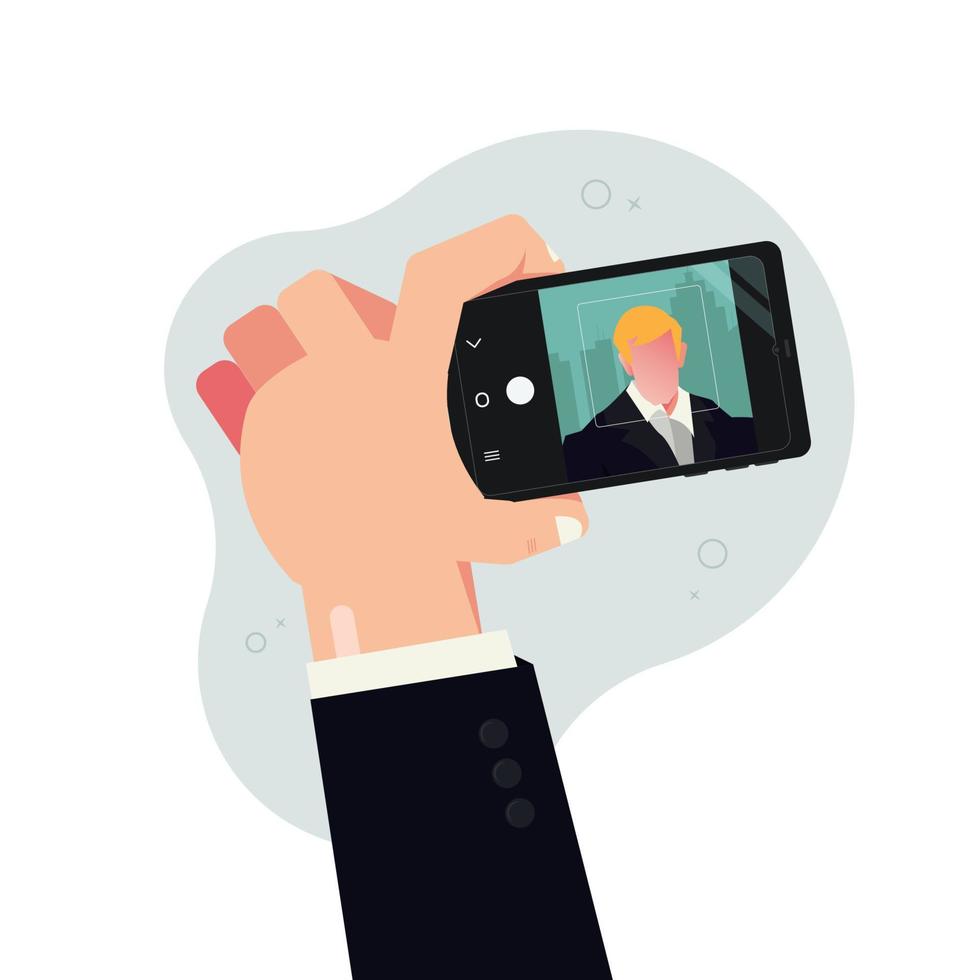 Hand hold smartphone vector illustration. Selfie concept