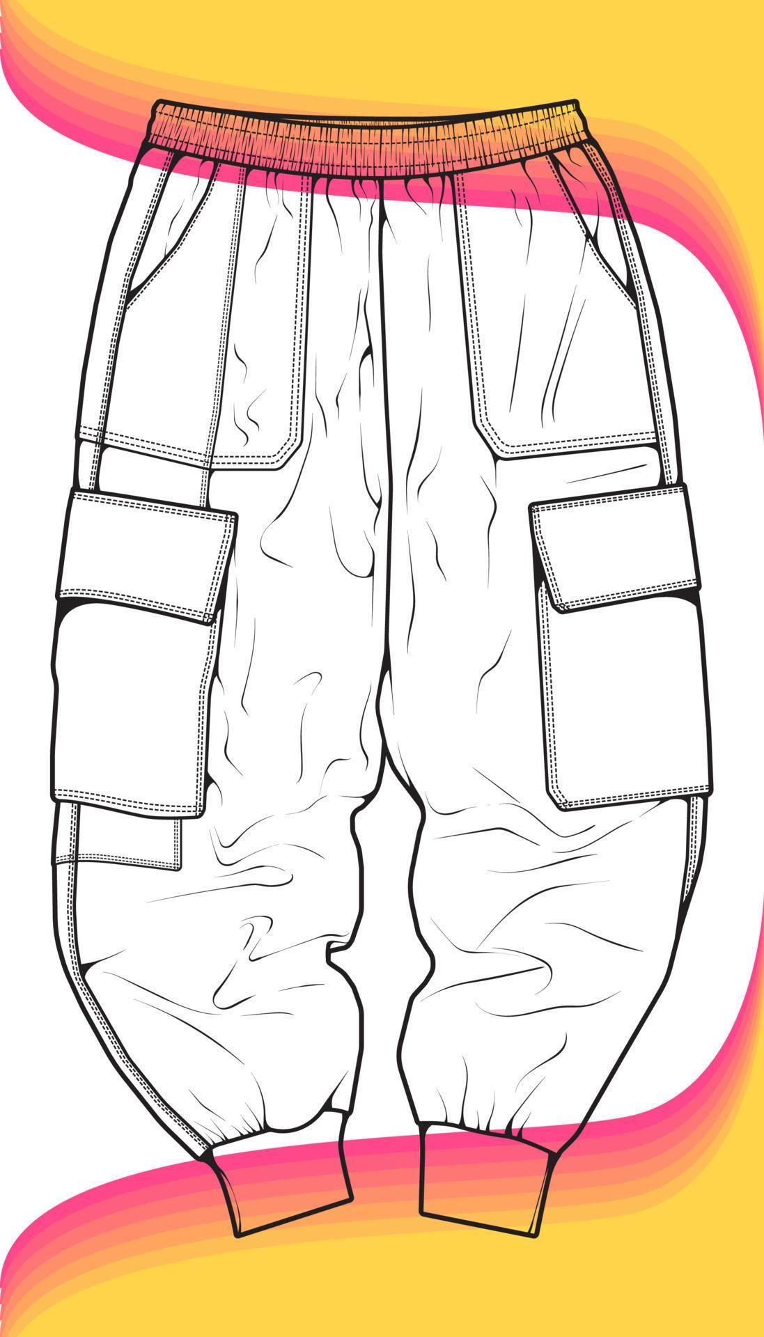 Men Cargo Pants outline Vector Template, Men Cargo Pants in a sketch